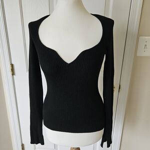 H&M - Black Rib-knit Sweetheart Neck Top - S